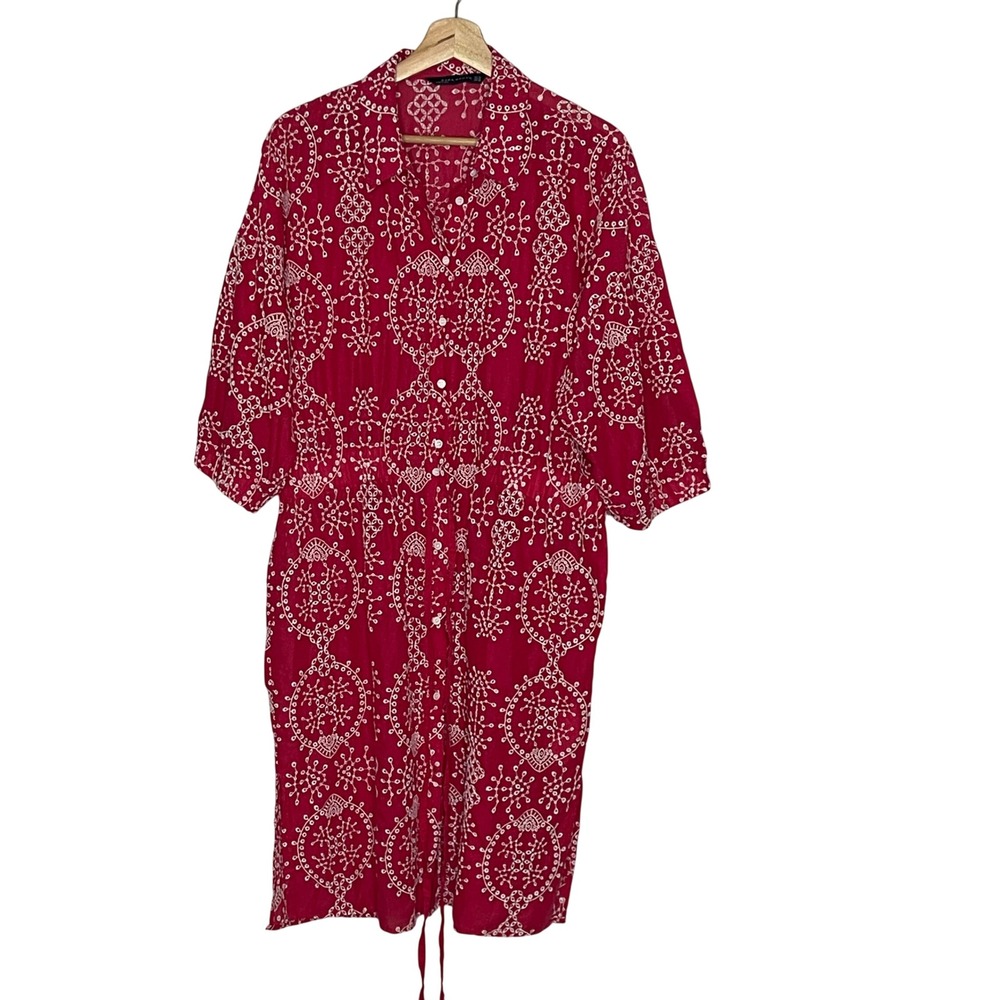 Zara Woman Red White Eyelet Embroidered Button Front  Dress XL Balloon Sleeve